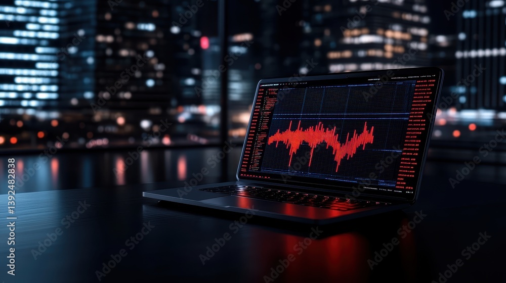 Aufkleber dynamic data visualization on a laptop in a modern workspace with urban nightscape background
