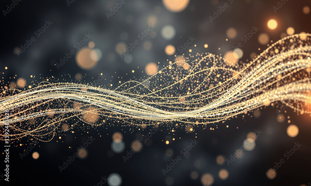 Poster mesmerizing wave of golden particles and light creates dynamic visual effect, evoking sense of movem