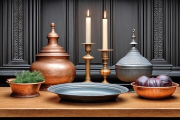 A dark kitchen scene with candlelight, vintage copperware, and shadows forming eerie shapes