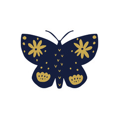 Whimsical Folk Art Butterfly Silhouette with Floral Elements. Hand-Drawn Botanical Butterfly Illustration in Navy Blue and Gold