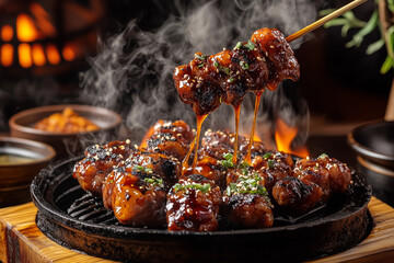 Korean BBQ glazed chicken skewers on hot grill with sesame seeds and steam, rich sauce drip, dark background, authentic Korean cuisine, closeup food shot