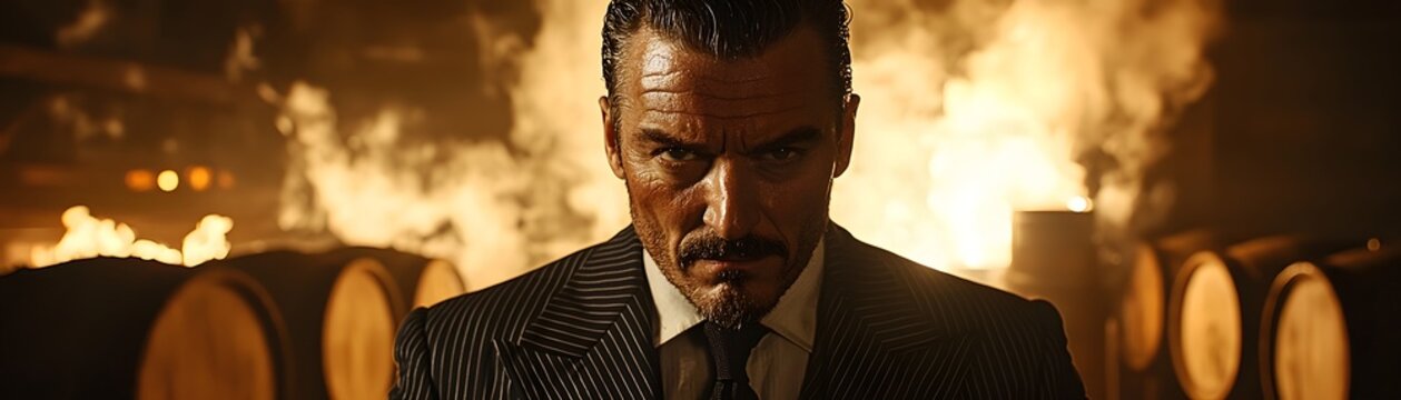 A 1920s bootlegger in a pinstripe suit holding a flask and smirking