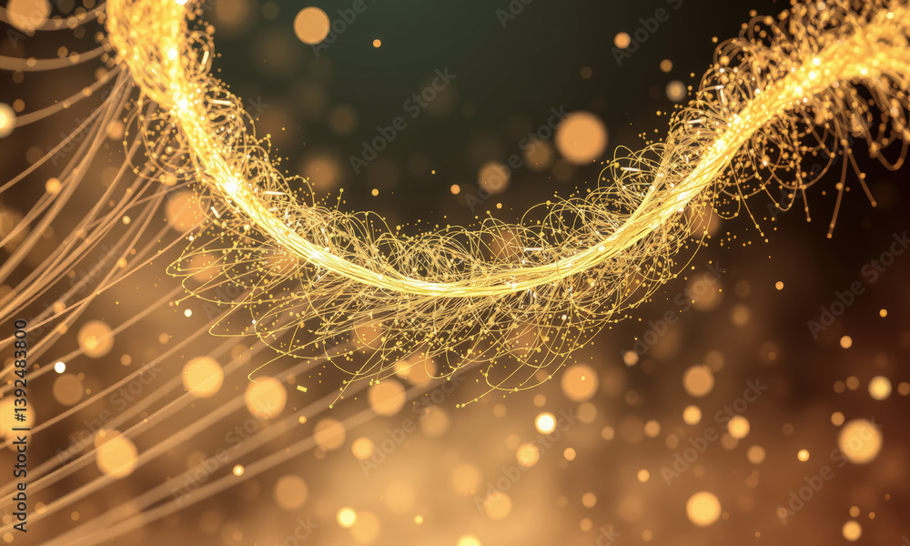 Poster mesmerizing abstract representation of subatomic particles, featuring golden strands and luminous or