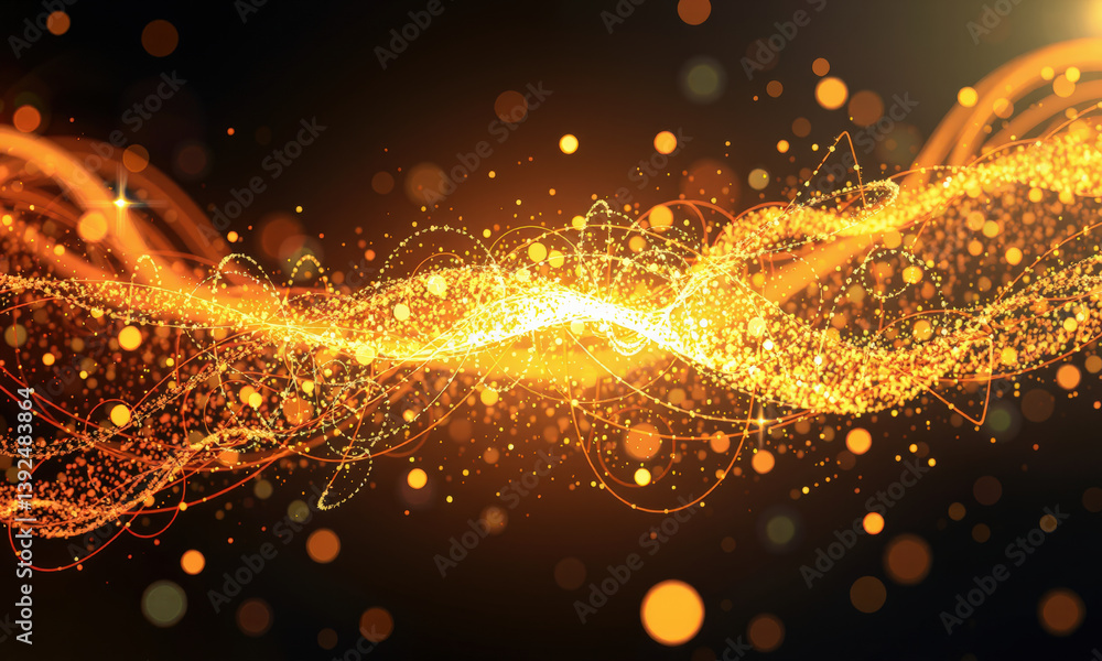 Poster vibrant abstract background featuring glowing golden waves and sparkling particles, creating sense o