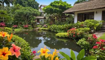 Fototapeta premium Serene Resort with Lush Garden and Pond: A picturesque resort scene unfolds with a tranquil pond reflecting the clear blue sky, surrounded by vibrant flowering plants and lush greenery.