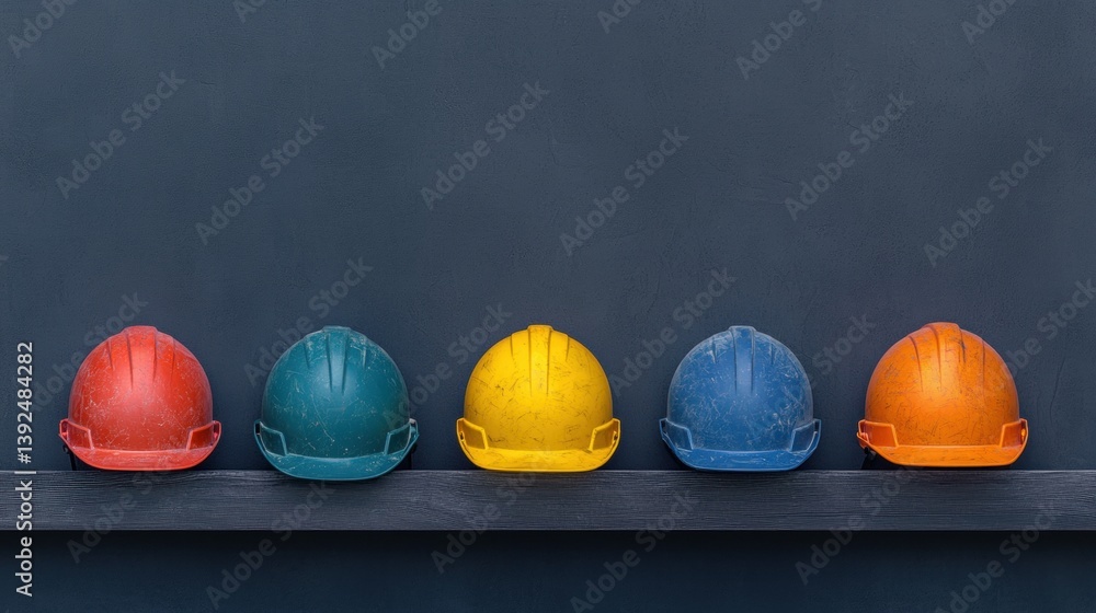 Poster a row of colorful construction helmets displayed on a shelf against a dark background, symbolizing s
