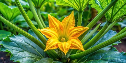 Vibrant yellow zucchini flower with green leafy foliage in a lush vegetable garden , green leaves, zucchini