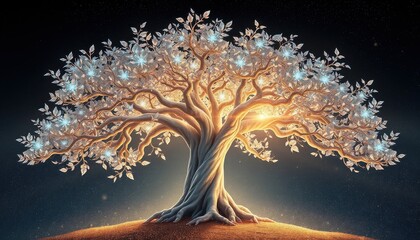 Luminous Tree: A majestic, ethereal tree bursts forth with radiant leaves and glowing light, a symbol of life, growth, and the interconnectedness of all things.