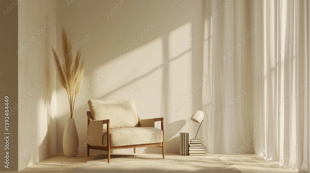 Poster serene interior scene with an armchair next to a vase with pampas grass with neutral color palette c