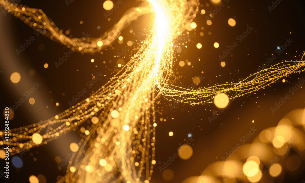 Poster mesmerizing display of golden light particles swirling and intertwining, creating sense of motion an