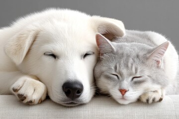 Obraz premium A dog and a cat napping together on a soft couch