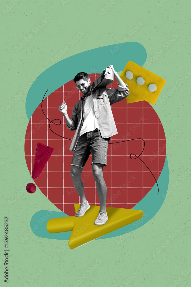 Poster Collage abstract poster of person on browsing cursor with 3d text box on green background