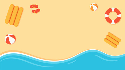 Summer beach illustration design with bright colors, featuring blue waves, beach balls, floats, and sandals. Perfect for holiday themes, posters, and cheerful backgrounds.