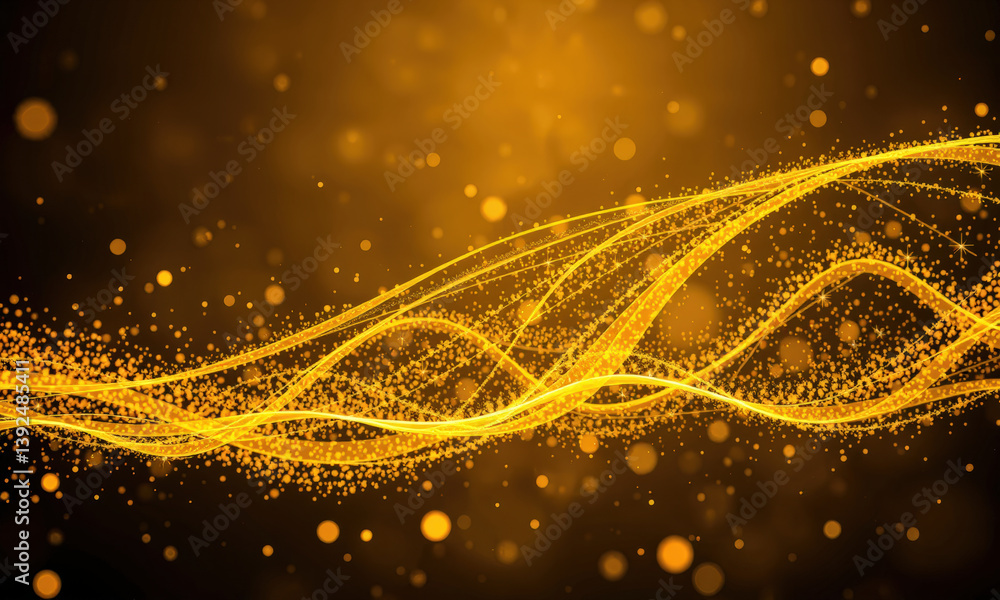 Poster vibrant abstract background featuring flowing golden waves and shimmering particles, creating sense 