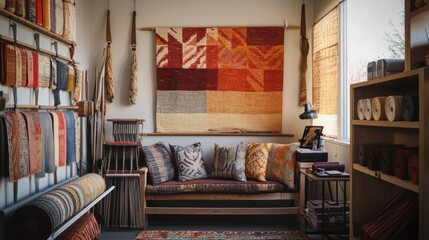 Interior design of textile art studio showcasing vibrant woven rugs pillows and artistic tapestries
