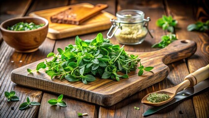 Fototapeta premium Fresh oregano leaves piled on a wooden cutting board, cooking supplies, culinary arts