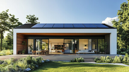 Fototapeta premium Modern eco conscious residence with rooftop solar panels and lush greenery