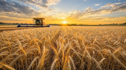Fototapeta premium A golden wheat field at sunset, with a combine harvester working, showcasing the beauty of agriculture and rural life.