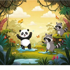 Playful pandas and mischievous raccoons roam the dreamy jungle, splashing in puddles and chasing butterflies under a golden cartoon sky.
