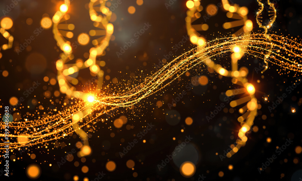 Poster mesmerizing display of golden strands resembling dna, intertwined with sparkling particles against d