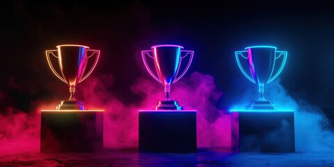 Three golden cups with purple and blue lights on them