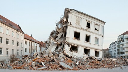 A partially collapsed building surrounded by rubble, highlighting the aftermath of structural failure in an urban environment.