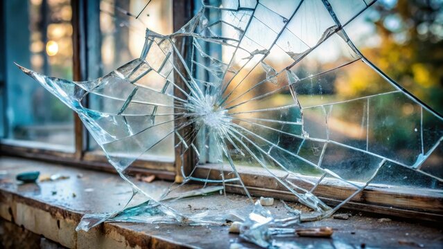 A fragmented piece of glass lies scattered on a broken window frame, revealing jagged shards and cracked panes , splintered pane, shattered glass