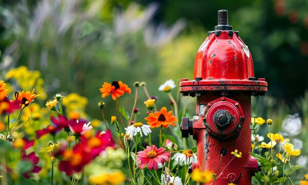 Red fire hydrant surrounded by colorful wildflowers in garden