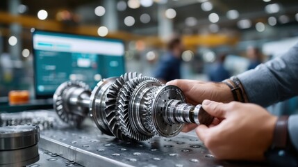 Detailed close-up of a technician assembling a jet engine component in a modern aerospace manufacturing facility, showcasing precision and expertise.