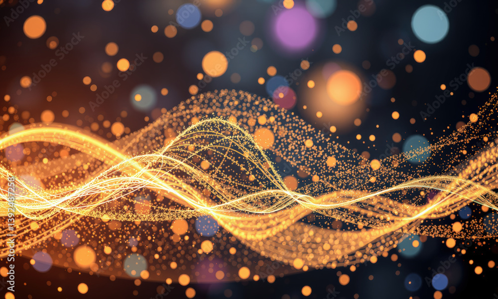 Poster vibrant abstract background featuring flowing golden waves and colorful bokeh lights, creating sense