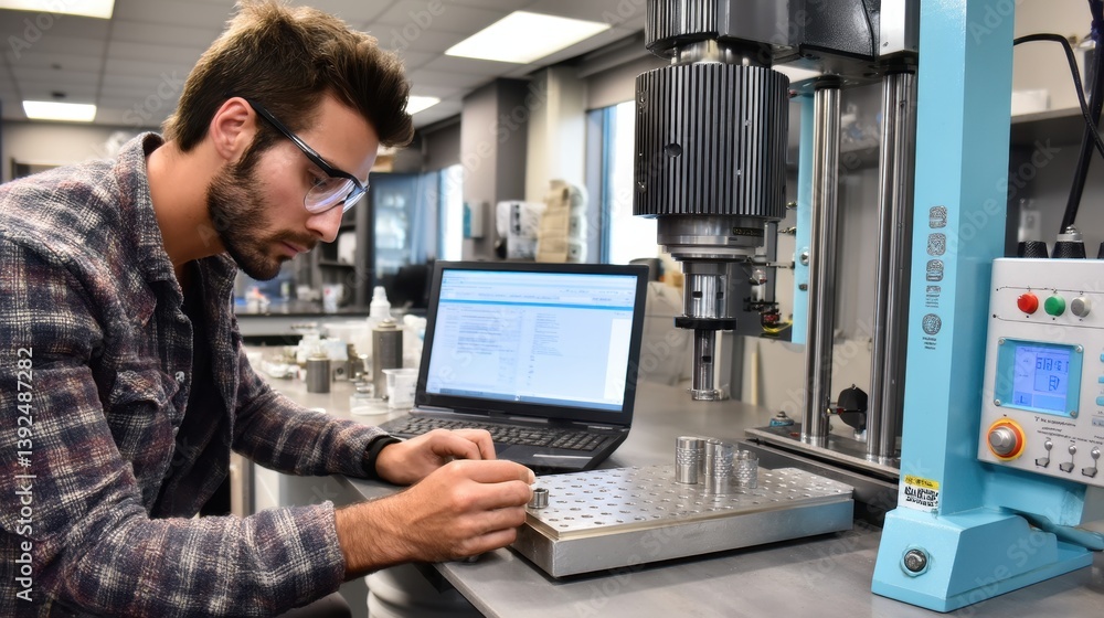 Poster a researcher conducts precision measurements in a modern laboratory setting using advanced equipment
