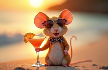 Happy mouse wears sunglasses, bow tie, holds cocktail. Mouse relaxes on beach at sunset. Funny, cute AI-generated character enjoys summer vacation, smiles, poses for photo on sand.
