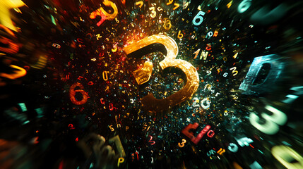 sea of numbers in multiple fonts and colors, with glowing edges, swirling around in a dark, dynamic environment 