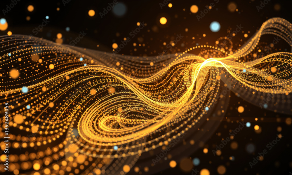 Poster mesmerizing abstract representation of flowing particles in vibrant gold and blue tones, creating se