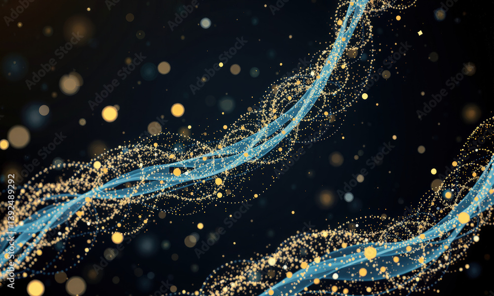 Poster mesmerizing abstract representation of flowing particles and waves, featuring golden dots and blue l