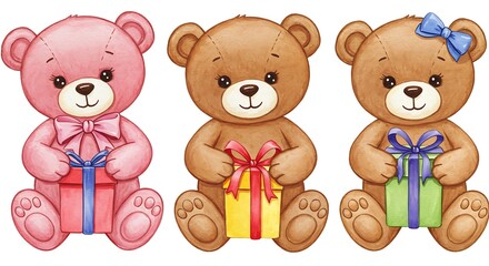 Naklejka premium Three Little Bears: A Gift of Watercolor Charm AI Generated