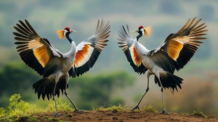 Cranes Dancing, African Savanna, Wings Spread, Courtship Ritual, Wildlife