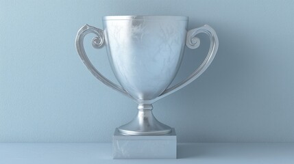 Silver trophy displayed against a light blue background for winning achievements in competitions or awards