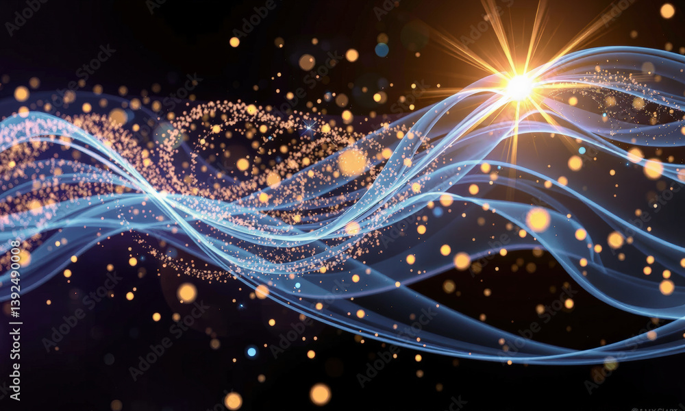 Poster vibrant display of flowing light waves with sparkling particles and bright starburst effect, creatin