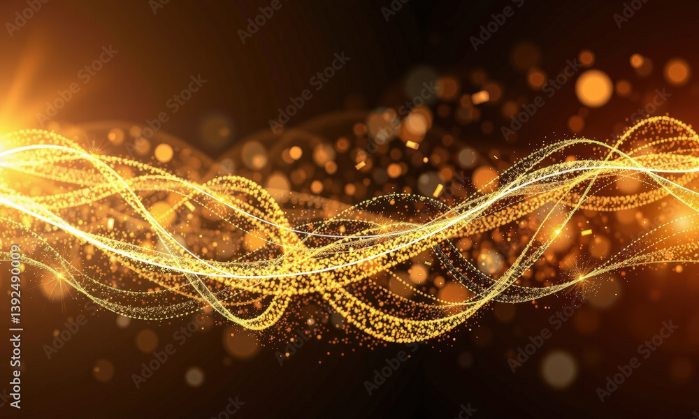 Poster mesmerizing display of golden waves and sparkling particles creates sense of energy and movement, ev