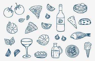hand drawn italian food set. Doodles pasta, wine, garlic, cheeses, olive oil, fish, pizza. mediterranean food isolated on white background, Vector illustration