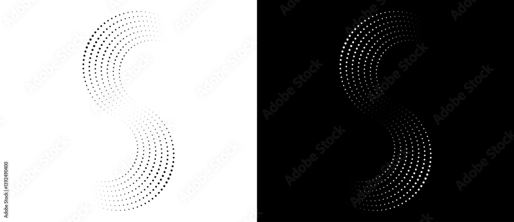 Poster spiral as halftone dotted abstract infinity symbol. black shape s letter on a white background and t