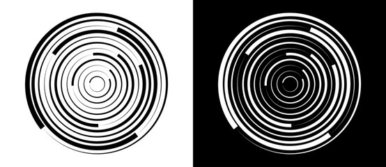 Abstract background with lines in circle. Art design spiral as logo or icon. A black figure on a white background and an equally white figure on the black side.