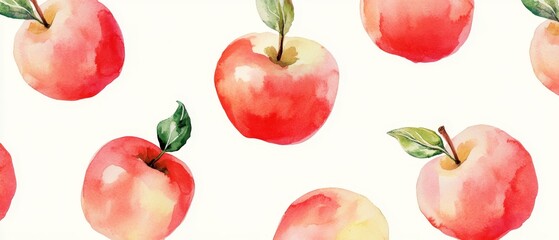 A watercolor painting of several apples with green leaves