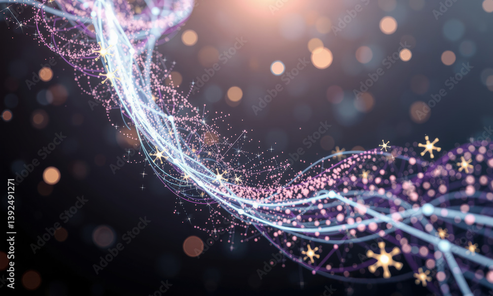Poster mesmerizing display of swirling lights and particles, creating magical atmosphere with soft bokeh ef