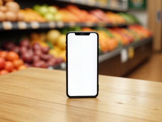 Phone mockup, blank screen on wood table in grocery store setting.