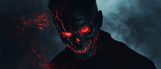 A man with a skull painted on his face and red eyes