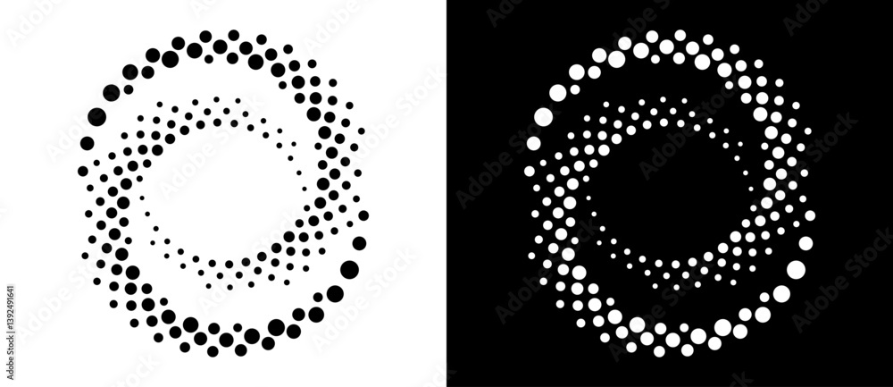 Aufkleber Circle abstract background with dynamic halftone dots in spiral. Yin and yang style. Black shape on a white background and the same white shape on the black side.