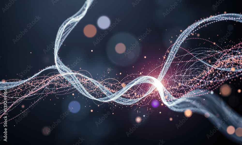 Poster mesmerizing abstract representation of light waves and particles, showcasing dynamic movement and en