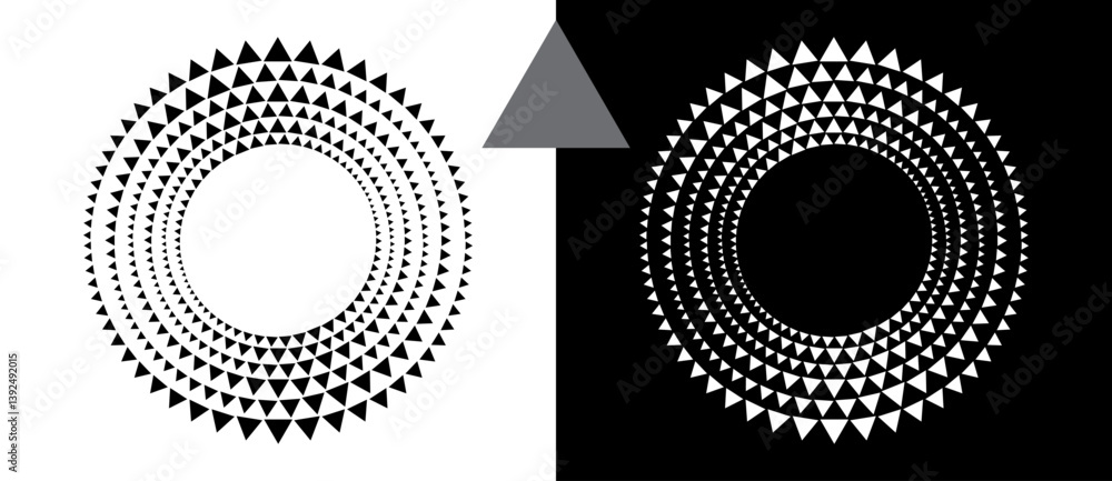 Poster Abstract background with triangles in circle. Art design spiral as logo or icon. A black figure on a white background and an equally white figure on the black side.